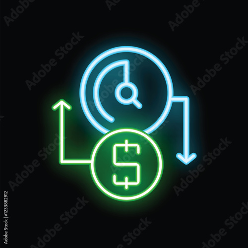 Neon sign illustrating the concept of time management increasing money income with a clock and a dollar