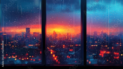 Rainy Cityscape Sunset View from Window