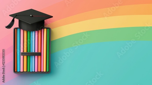 Graduation Cap and Colorful Crayons on Background