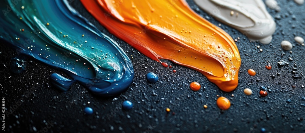 Obraz premium Colorful paint strokes on a black background with water droplets texture and vibrant hues of blue, orange, gray, and white with Copy Space
