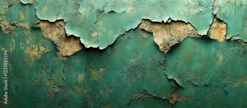 Peeling distressed green paint on a textured wall creating an abstract background with uneven surfaces and cracks, ample Copy Space for text photo