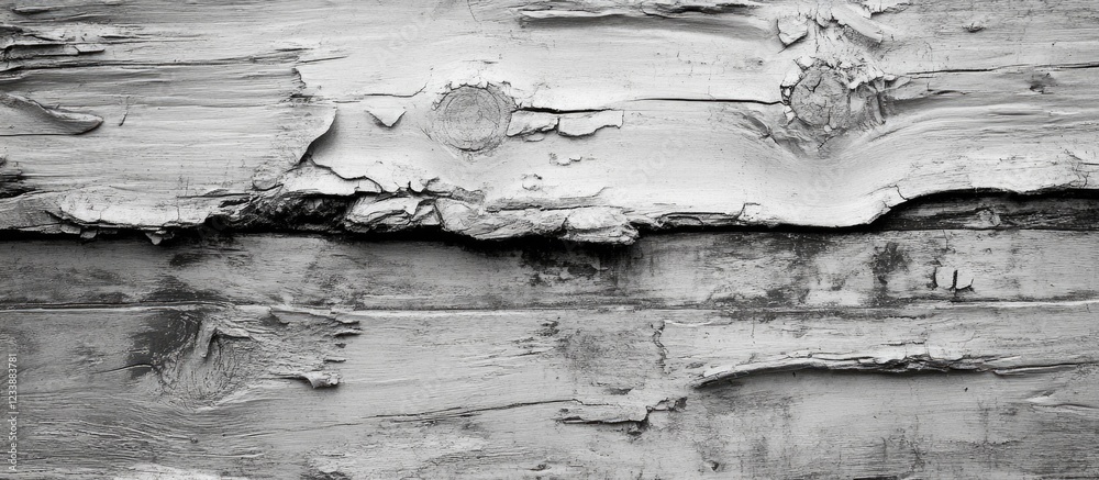 Obraz premium Rough, weathered wooden plank texture with peeling paint in monochrome.