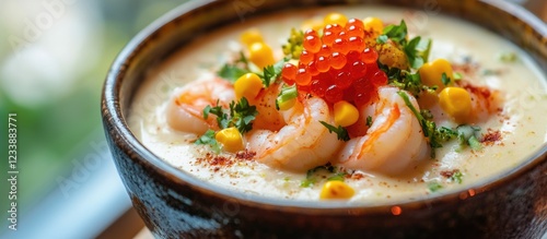 Gourmet shrimp soup with corn and roe garnish in a brown ceramic bowl photo