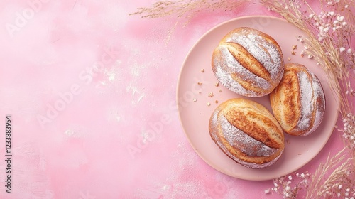 Wallpaper Mural Three freshly baked sweet breads on a pale pink plate with decorative dried flowers and blank space for text in the background. Copy Space Torontodigital.ca