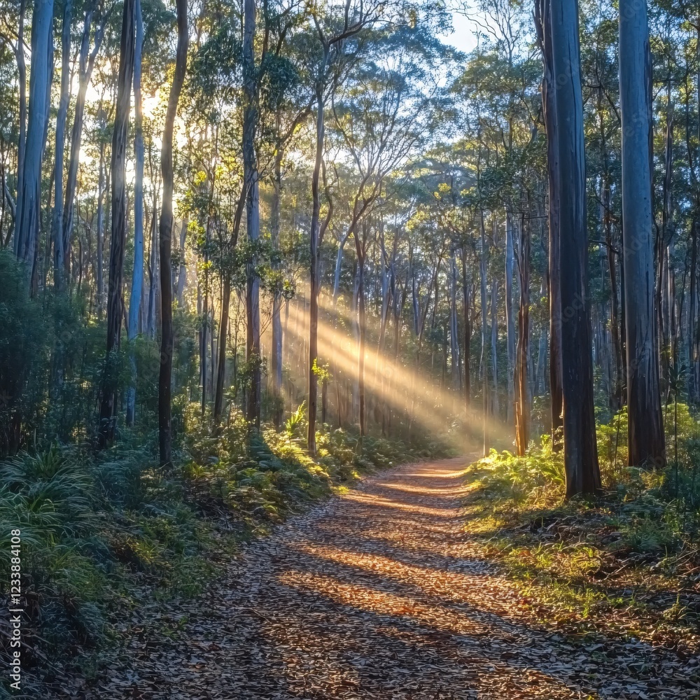 Fototapeta premium Sun rays filtering through tall trees illuminating a forest path in a serene natural setting