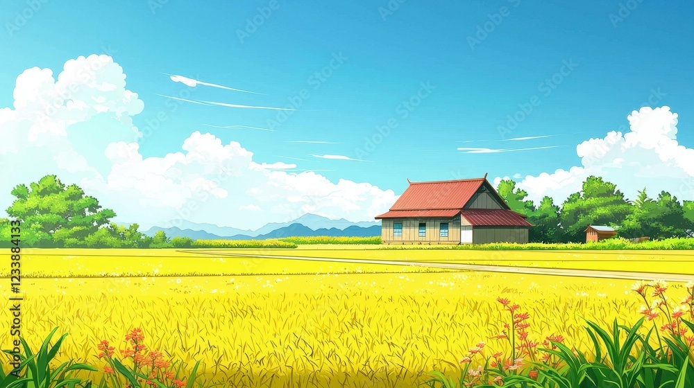 Serene Rural House Amidst Golden Rice Fields Serene Rural House Amidst Golden Rice Fields