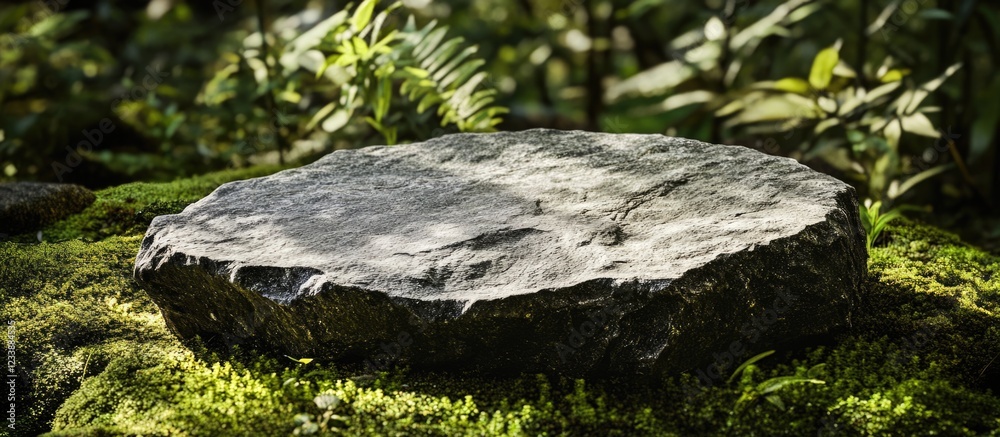 Natural Stone Platform with Moss and Ferns in Forest Setting Natural Stone Platform with Moss and Ferns in Forest Setting