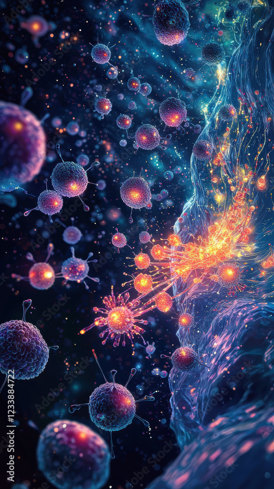 Microscopic view of cells interacting in vibrant, colorful environment Microscopic view of cells interacting in vibrant, colorful environment