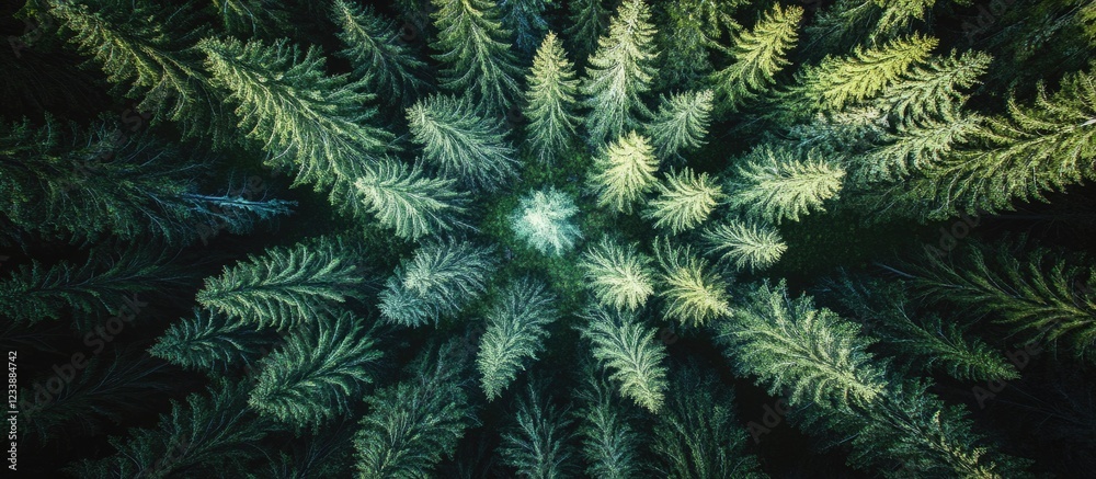Aerial view of dense evergreen forest foliage with varying shades of green and blue, natural patterns, top view, Copy Space