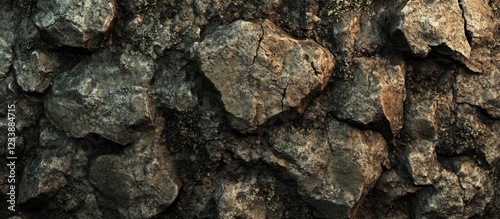 Textured surface of weathered rocks with irregular shapes and earthy tones suitable for backgrounds or natural themes Copy Space photo