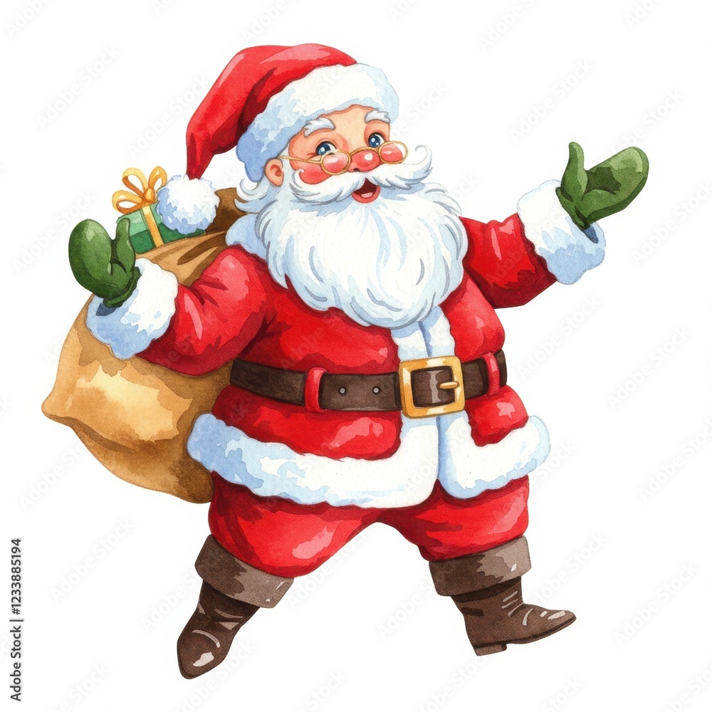 Festive Santa Claus Illustration with Gift Sack and Joyful Expression for Holiday Celebrations Festive Santa Claus Illustration with Gift Sack and Joyful Expression for Holiday Celebrations