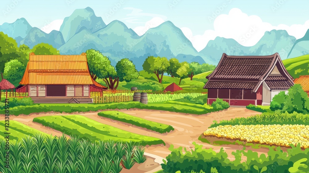Fototapeta premium Asian Village Houses Amidst Lush Green Rice Terraces and Mountains