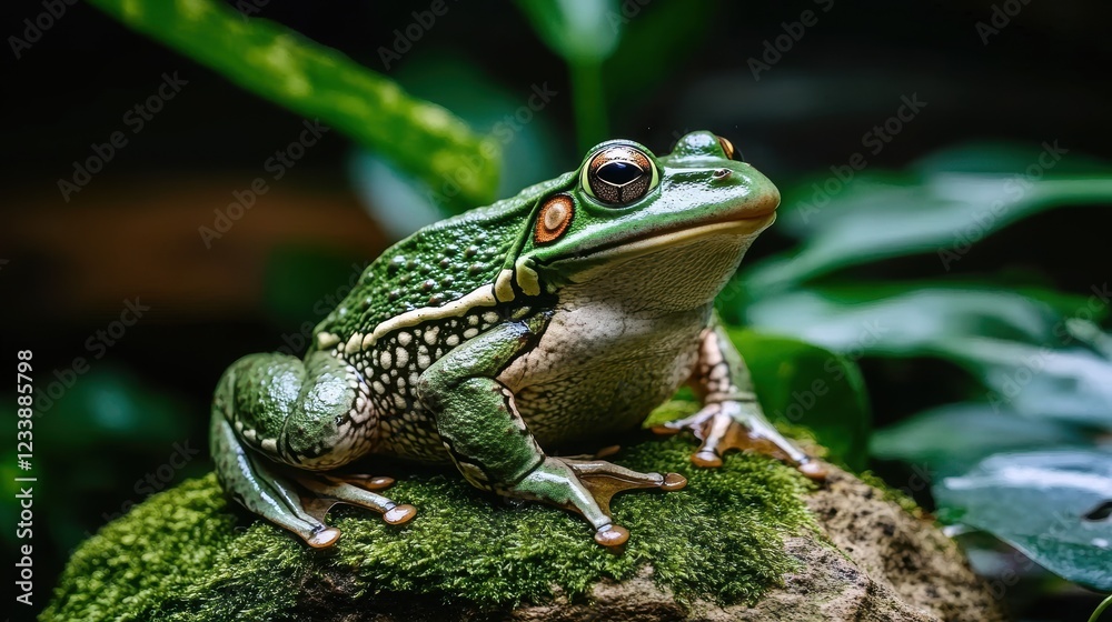 Fototapeta premium Green Frog Sitting on a Mossy Rock Surrounded by Lush Greenery in a Tropical Environment