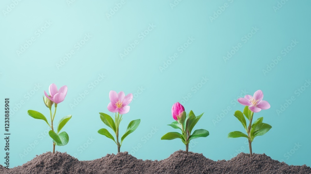 Four pink flowers growing in soil on blue background with copy space Four pink flowers growing in soil on blue background with copy space