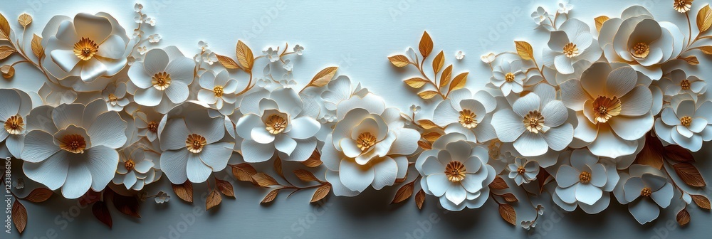 Fototapeta premium Elegant 3D Paper Flower Arrangement: White and Gold Blooms