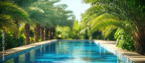 Tropical pool surrounded by lush palm trees and greenery under bright sunlight with clear blue water and Copy Space for text photo