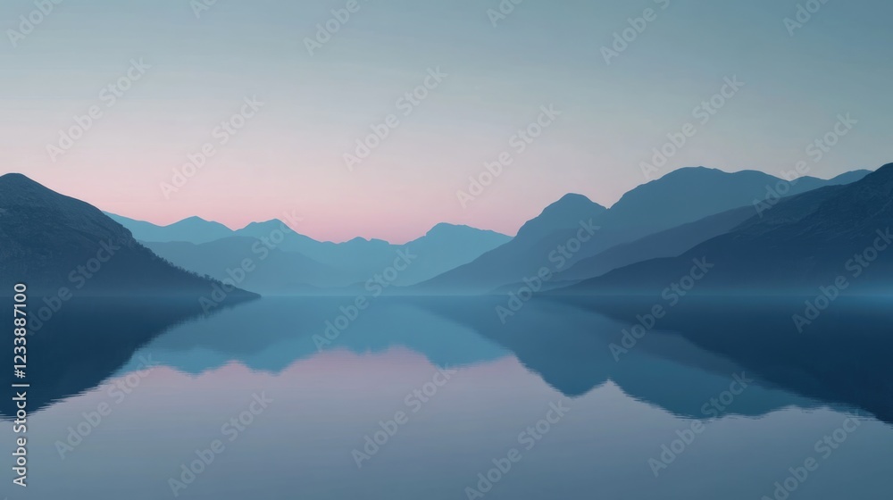 Serene mountain landscape with mountains reflected in calm lake under pastel sky at dusk, tranquil scene for backgrounds in digital design Copy Space Serene mountain landscape with mountains reflected in calm lake under pastel sky at dusk, tranquil scene for backgrounds in digital design Copy Space