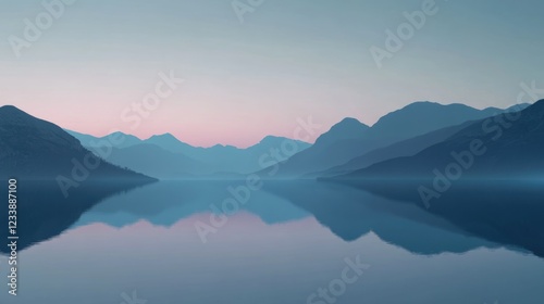 Serene mountain landscape with mountains reflected in calm lake under pastel sky at dusk, tranquil scene for backgrounds in digital design Copy Space