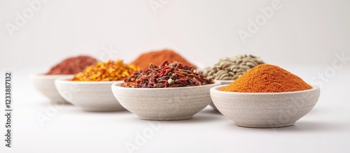 Fototapeta Naklejka Na Ścianę i Meble -  Assorted spices in white bowls with vibrant colors on a neutral background with Copy Space