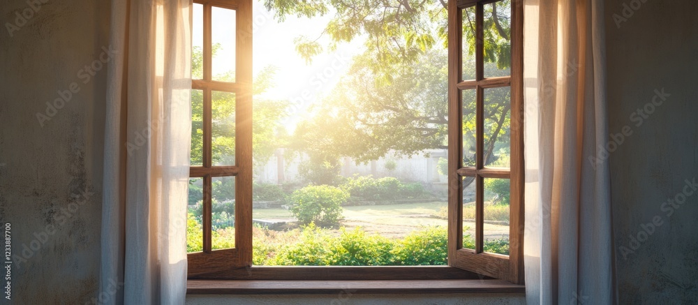 Fototapeta premium Sunlit window with open wooden shutters overlooking a green garden scene with trees and sunlight shining through, Copy Space