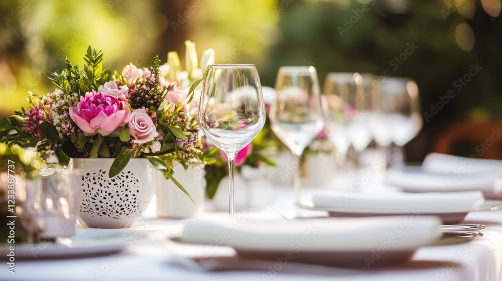 Elegant outdoor dining table setting with white tablecloth, floral centerpieces, wine glasses, and blurred green background. Elegant outdoor dining table setting with white tablecloth, floral centerpieces, wine glasses, and blurred green background.