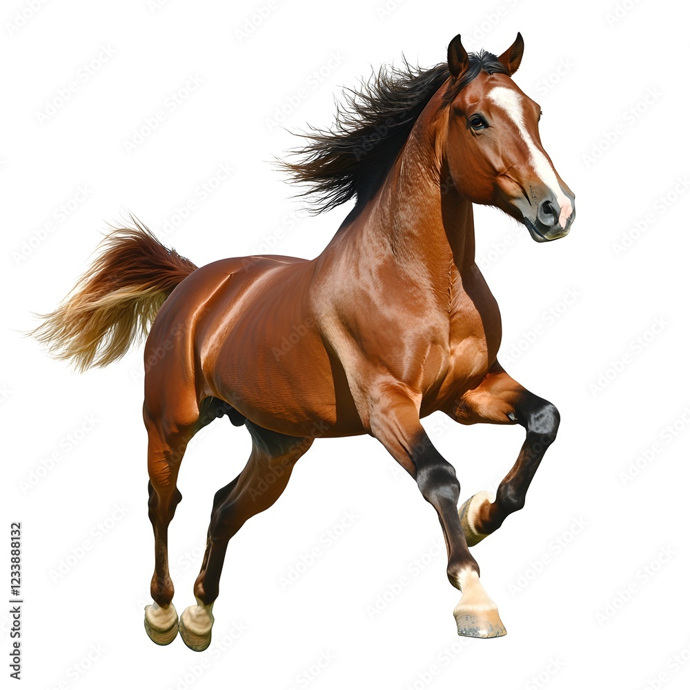 A beautiful brown horse rearing up against a white background, a hyper-realistic photography in high resolution. A beautiful brown horse rearing up against a white background, a hyper-realistic photography in high resolution.