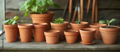 Wallpaper Mural Terracotta pots of various sizes arranged on a wooden table with potted plants in the background and garden tools visible Copy Space Torontodigital.ca