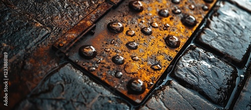 Rusty metal plate with water droplets on textured surface and dark stone tiles in the background. Copy Space