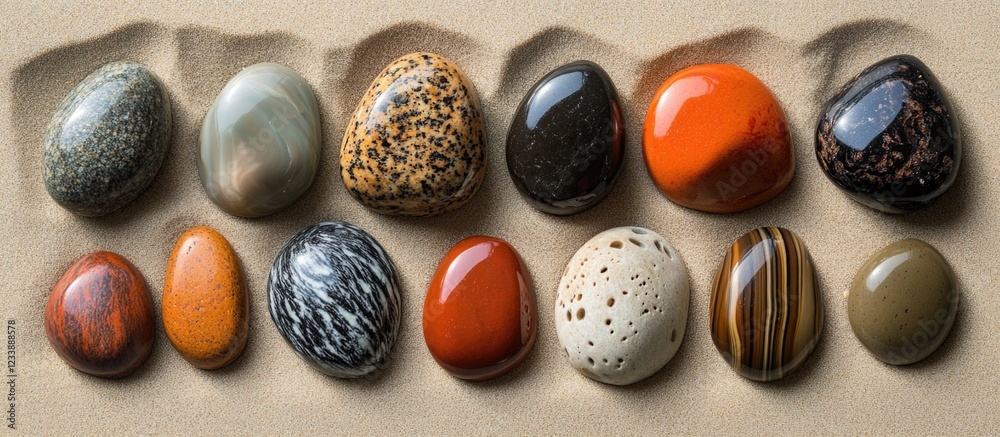 Collection of polished stones in various colors and patterns arranged on a neutral background with Copy Space for text. Collection of polished stones in various colors and patterns arranged on a neutral background with Copy Space for text.