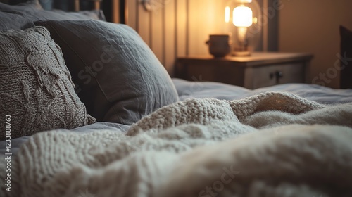 Cozy bedroom, knit blanket, nightstand lamp, warm lighting, peaceful sleep
