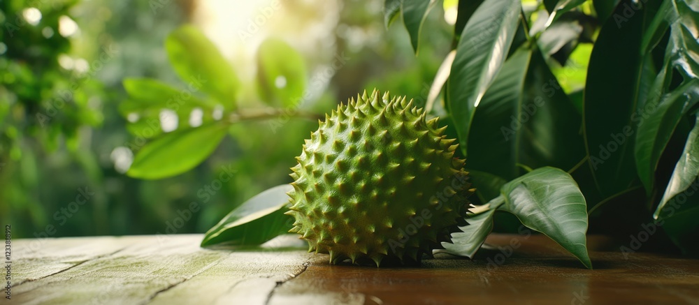 Soursop Fruit on Wooden Surface with Lush Green Leaves in Background and Copy Space Soursop Fruit on Wooden Surface with Lush Green Leaves in Background and Copy Space