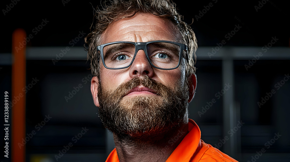 Man with beard, glasses, orange shirt, thoughtful expression, industrial background; portrait