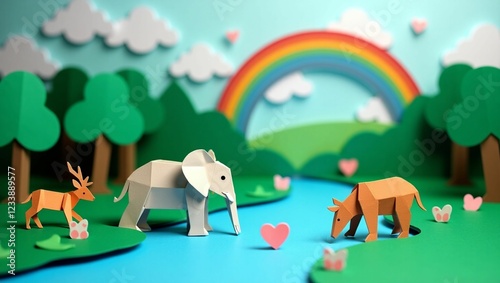 Colorful Paper Animals in Scenic Landscape with Rainbow and Balloons