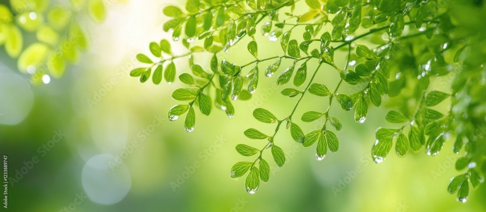 Green leaf branches with water droplets and blurred soft green background Copy Space Green leaf branches with water droplets and blurred soft green background Copy Space