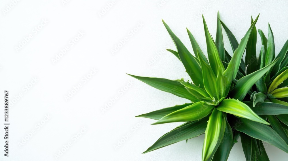 Fototapeta premium Green tropical plant against white background with copy space on left side.