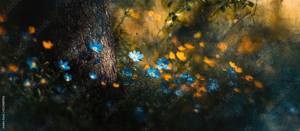 Obraz premium Colorful wildflower meadow with blurred background and soft lighting creating a dreamy atmosphere Copy Space
