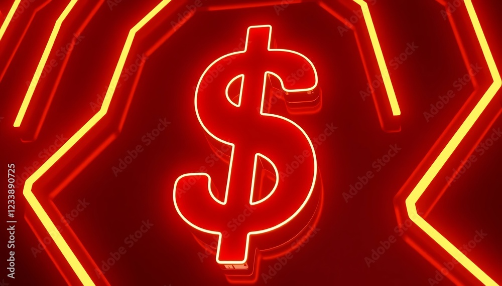 Glowing Neon Dollar Sign: Red Hexagon Abstract Art Glowing Neon Dollar Sign: Red Hexagon Abstract Art