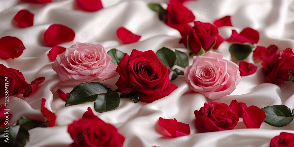 Red and Pink Roses Scattered on White Satin Elegant Floral Arrangement for Romantic Designs Red and Pink Roses Scattered on White Satin Elegant Floral Arrangement for Romantic Designs