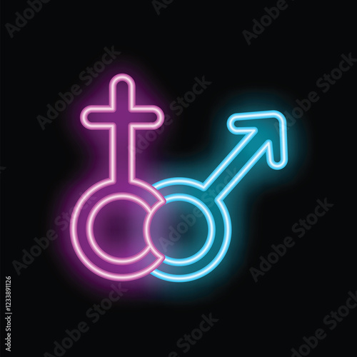 Intertwined male and female gender symbols glowing with pink and blue neon light on black background