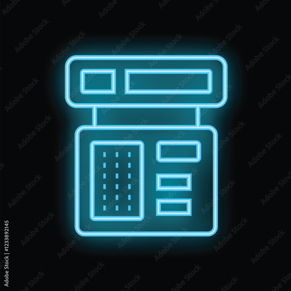 Glowing blue neon icon of a cash register representing retail, commerce, and finance