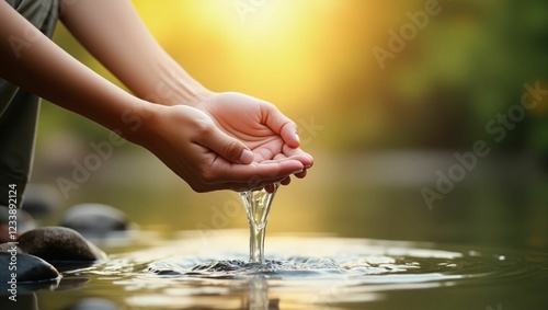 Hands Holding Splashing Water with Nature and Sunlight in Background