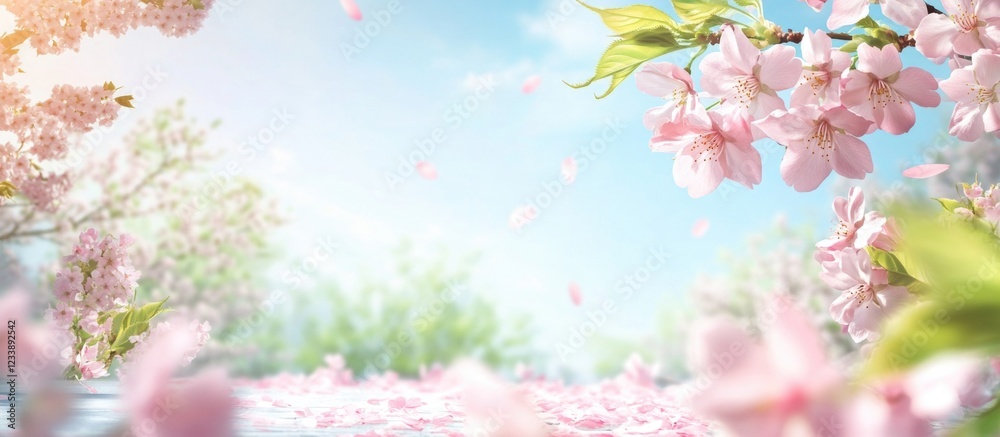 Cherry blossom flowers in full bloom with blue sky background and falling petals natural landscape with copy space Cherry blossom flowers in full bloom with blue sky background and falling petals natural landscape with copy space
