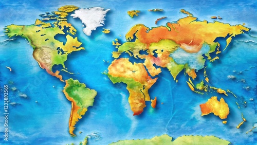Detailed colored map of the world with continents and oceans, world map, geography map,  world map