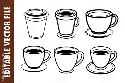 Coffee cup icons in black on a transparent background. Set of different tea cup icons. Simple coffee or tea signs. Black hot drinks icons