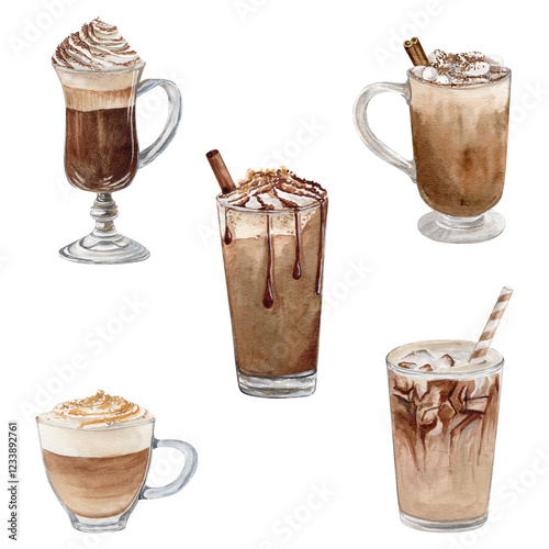 Watercolor set of hot coffee with marshmallows, iced coffee, Irish coffee with cream foam, mocha frappuccino with cinnamon, caramel topping, and cappiccino