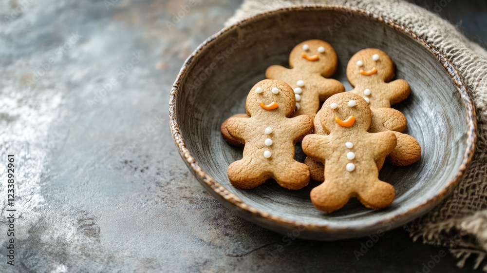 Naklejka premium Gingerbread cookies shaped like gingerbread men arranged in a rustic bowl on a textured surface with copy space