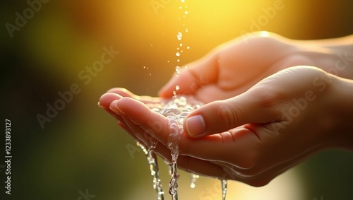 Hands Holding Splashing Water with Nature and Sunlight in Background