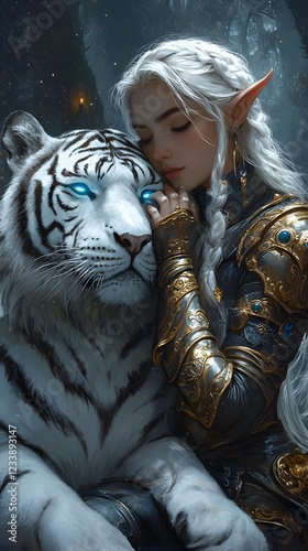 Wallpaper Mural Enchanting female elf with flowing white hair gold and silver armor with glowing blue accents rests her hand on a majestic white tiger A moonlit forest shrouded in mist forms the magical backdrop Torontodigital.ca