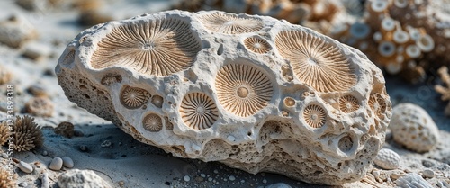 Pale coral fossiliferous limestone stone in seabed exposure with close up background photo