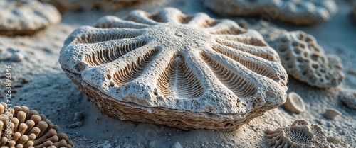 Pale coral fossiliferous limestone stone in seabed exposure with close up background photo